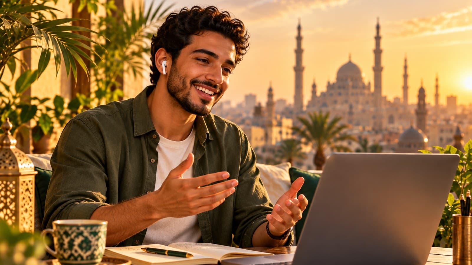 A man on a video call with a laptop on a Cairo terrace, mosque skyline at sunset