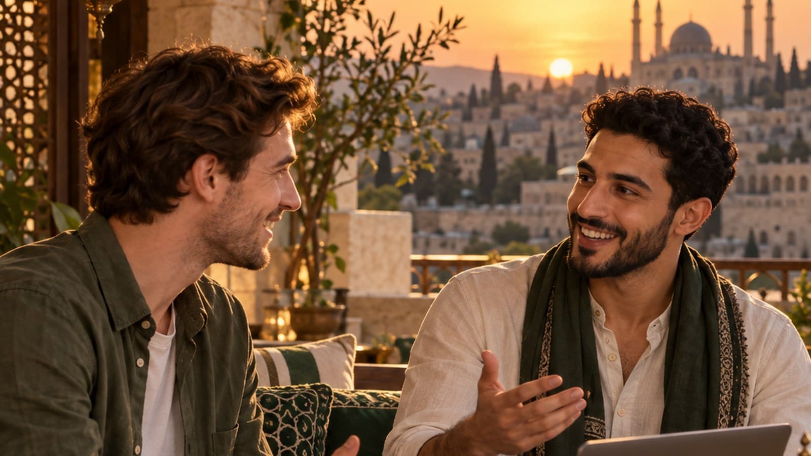 Two people greeting each other warmly on an Amman terrace at sunset