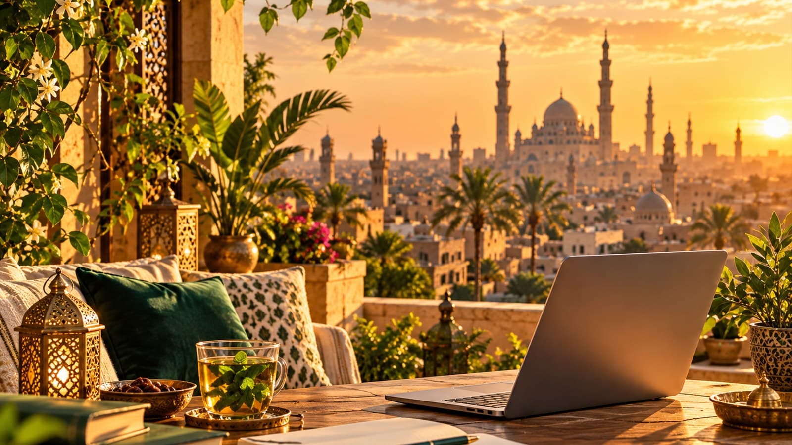 An open notebook and pen on a Cairo terrace table at sunset, ready for writing practice