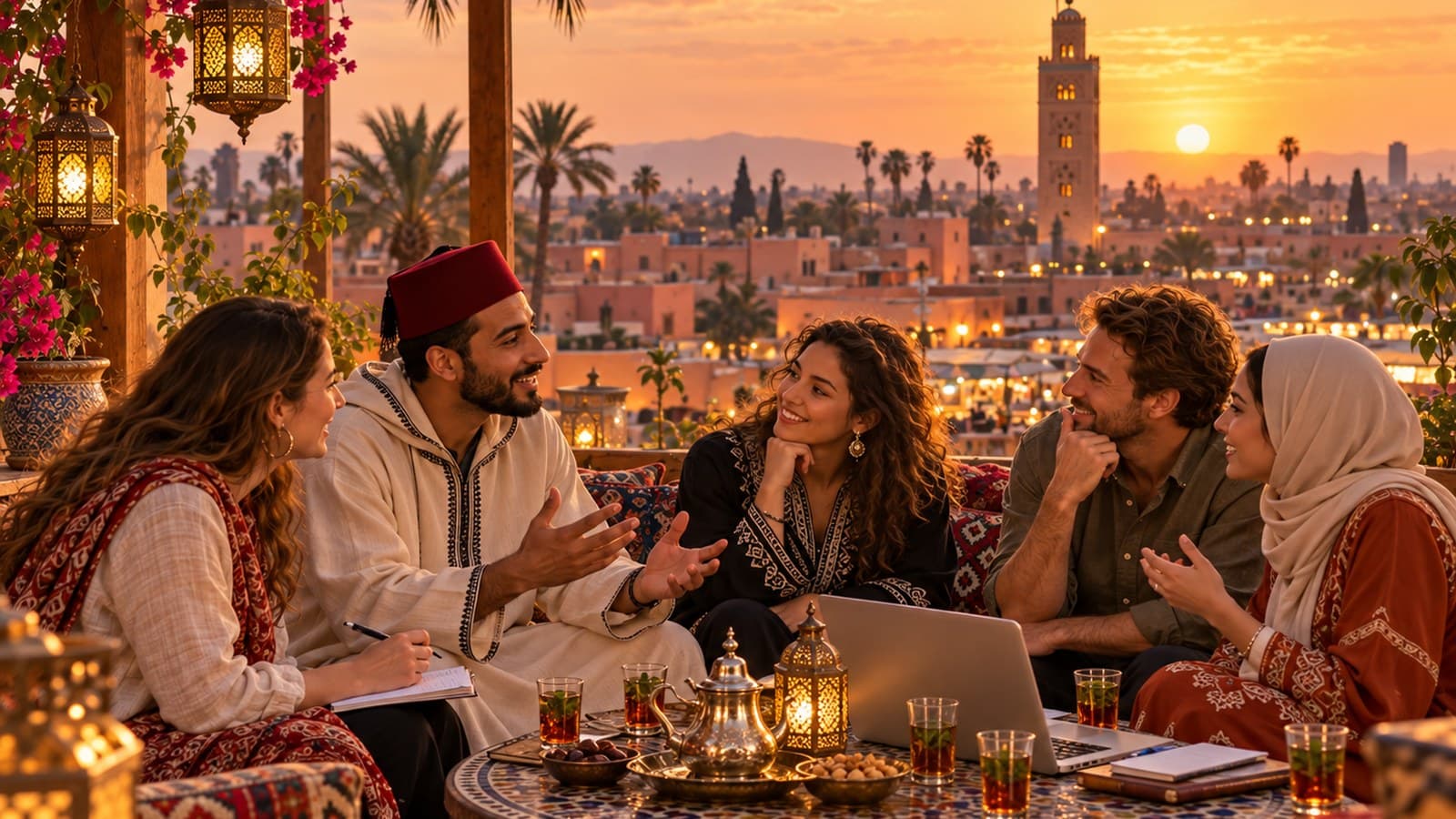 A group talking together on a Marrakech rooftop at sunset