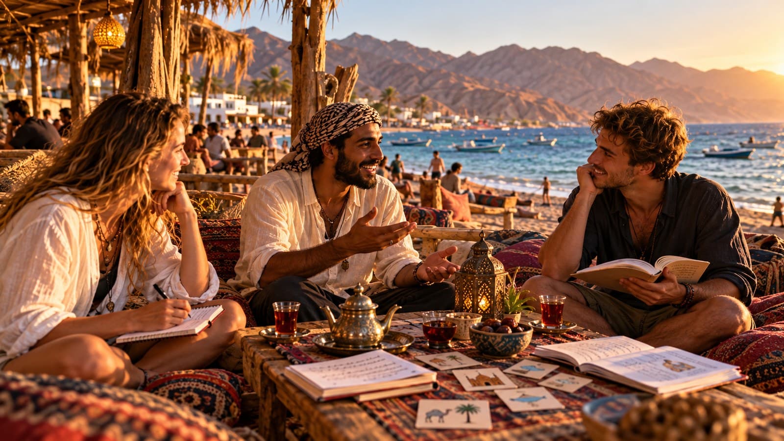 Three friends with open notebooks and tea on a Red Sea beach terrace at sunset