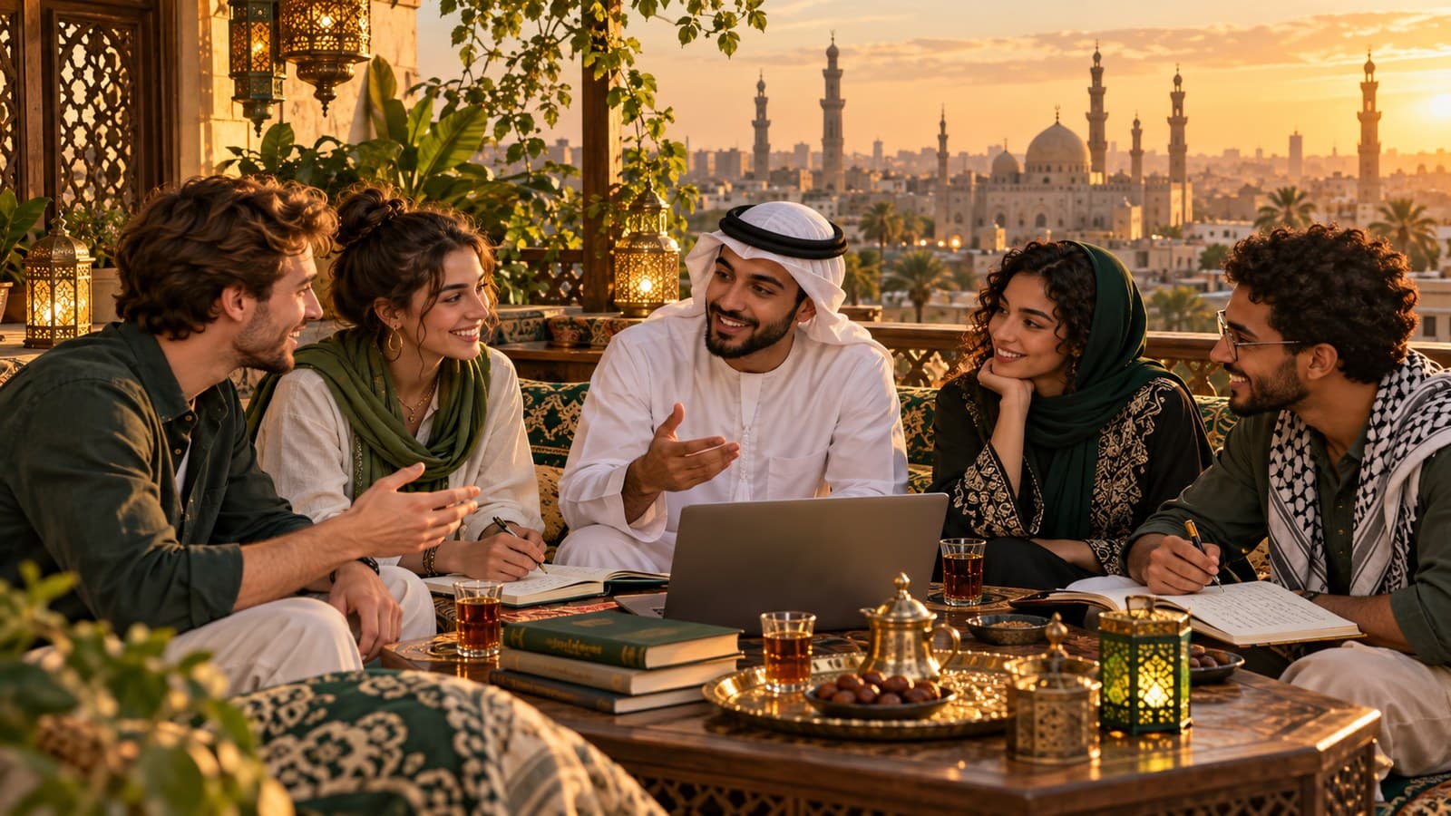 A mixed group in Egyptian, Levantine and Gulf dress chatting together on a Cairo rooftop at sunset