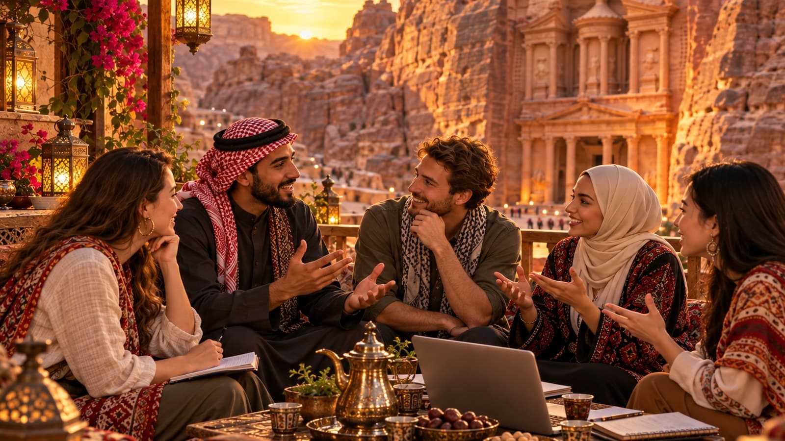 A group talking together on a terrace overlooking Petra's ancient Treasury at sunset