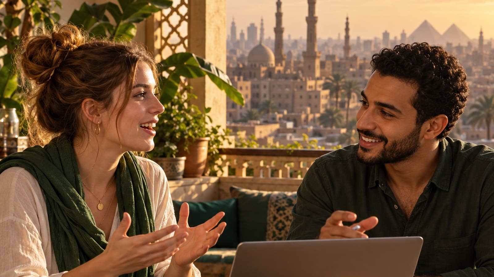 Two people talking over notebooks and tea on a Cairo balcony at golden hour