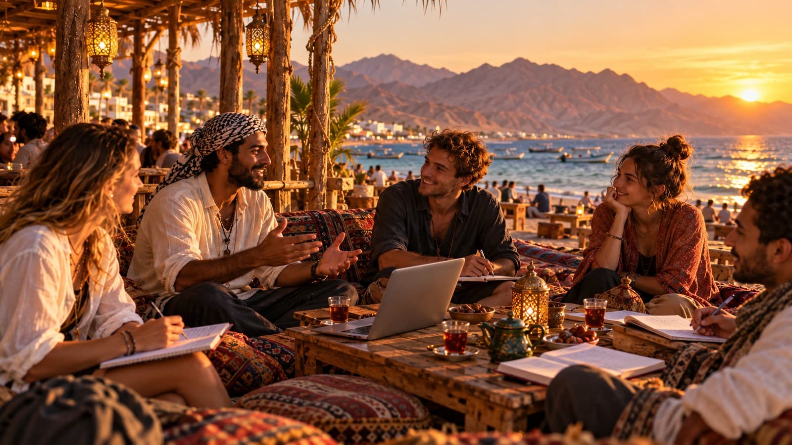 A group chatting and studying together on a Red Sea beach terrace at sunset