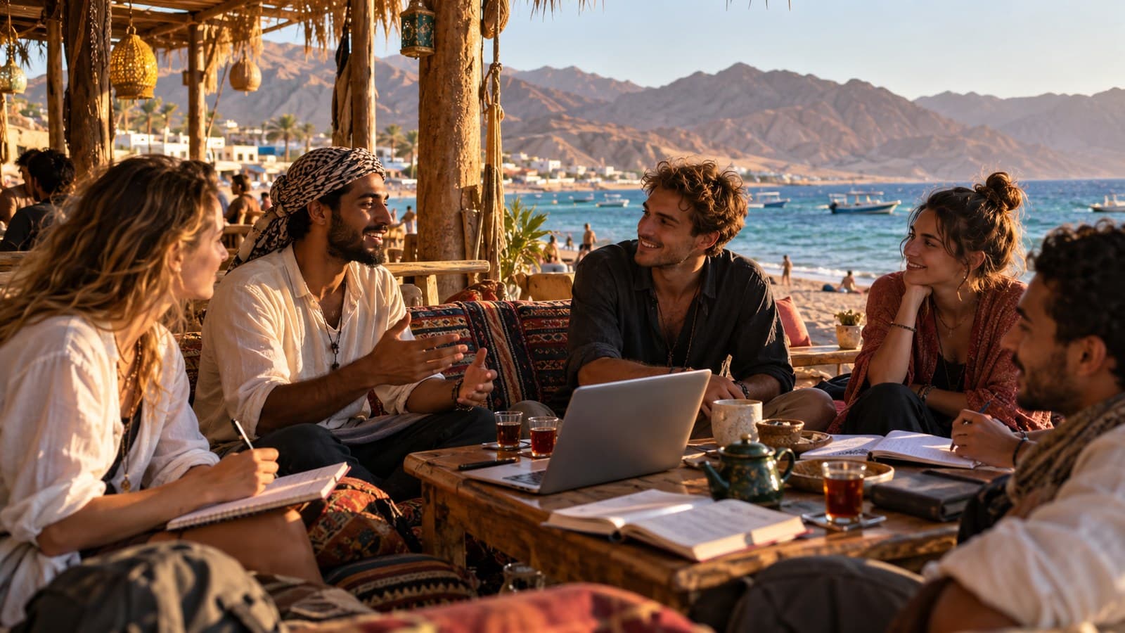 A group chatting and studying together on a Red Sea beach terrace at sunset