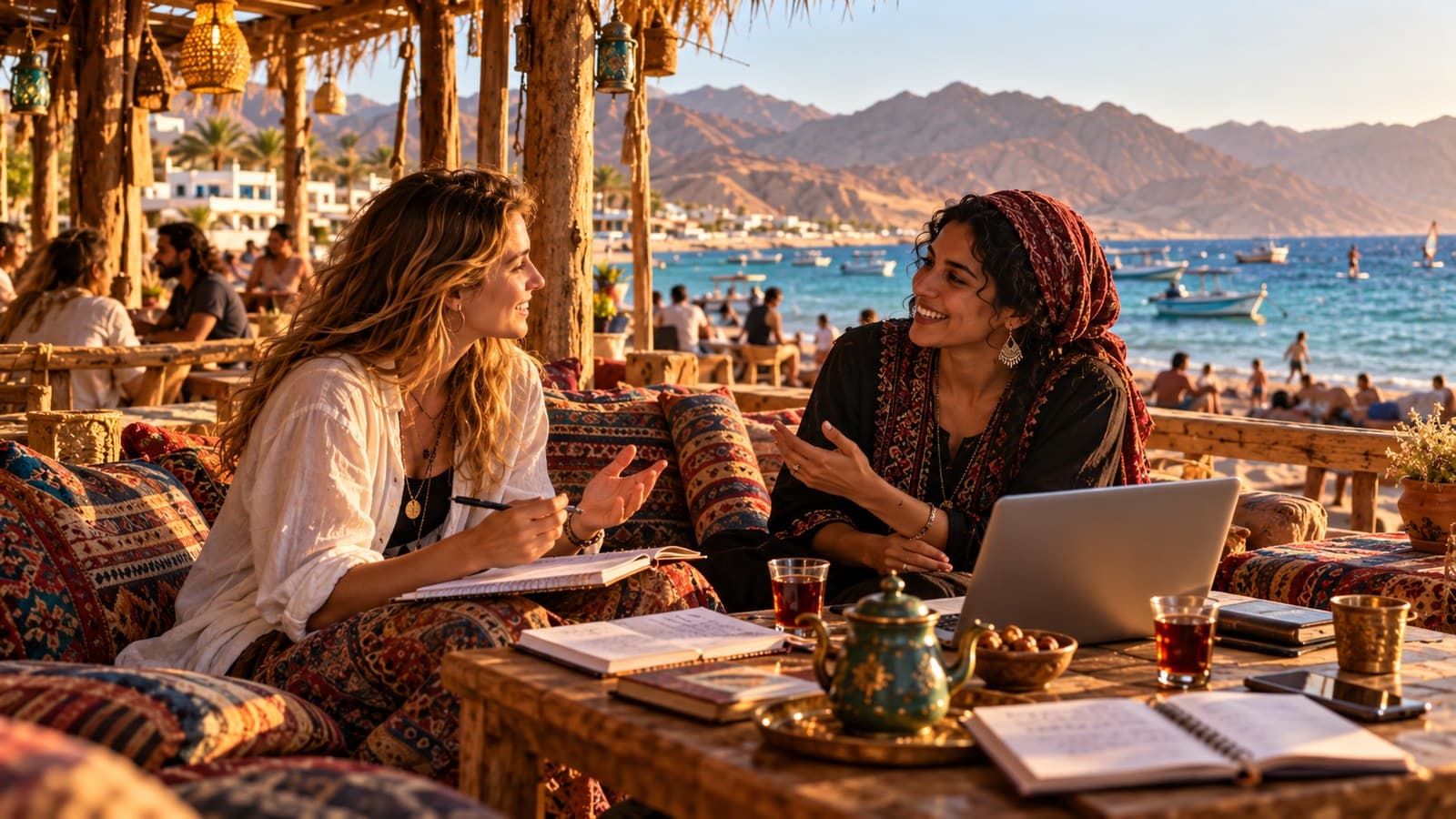 Two women talking over tea on a Red Sea beach terrace at sunset