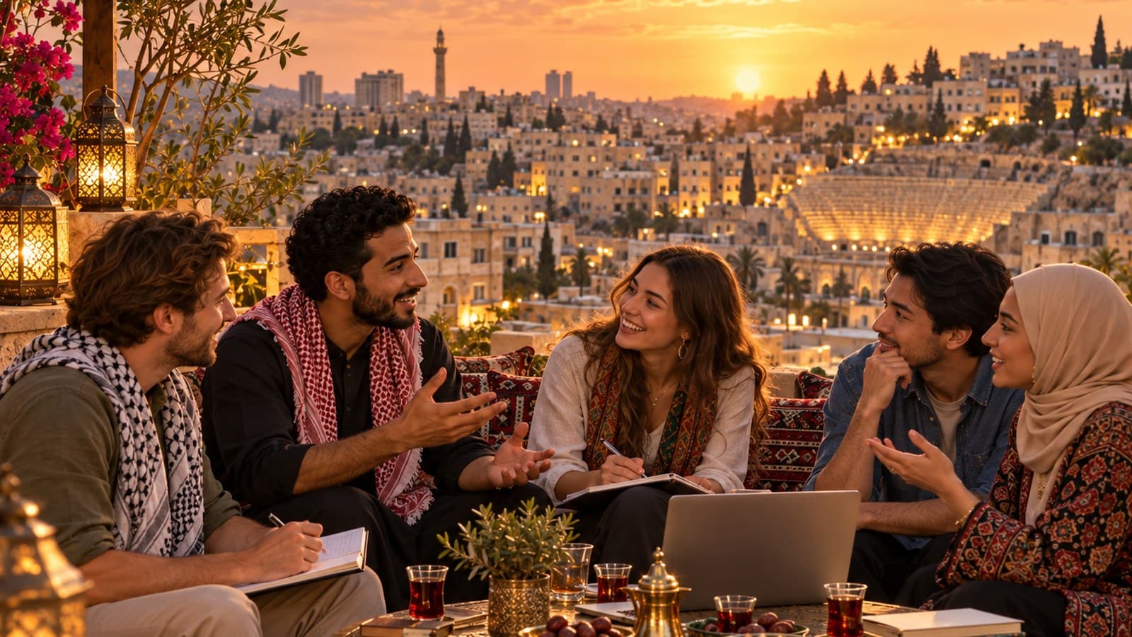 A group of five talking together on an Amman rooftop overlooking the old city at sunset