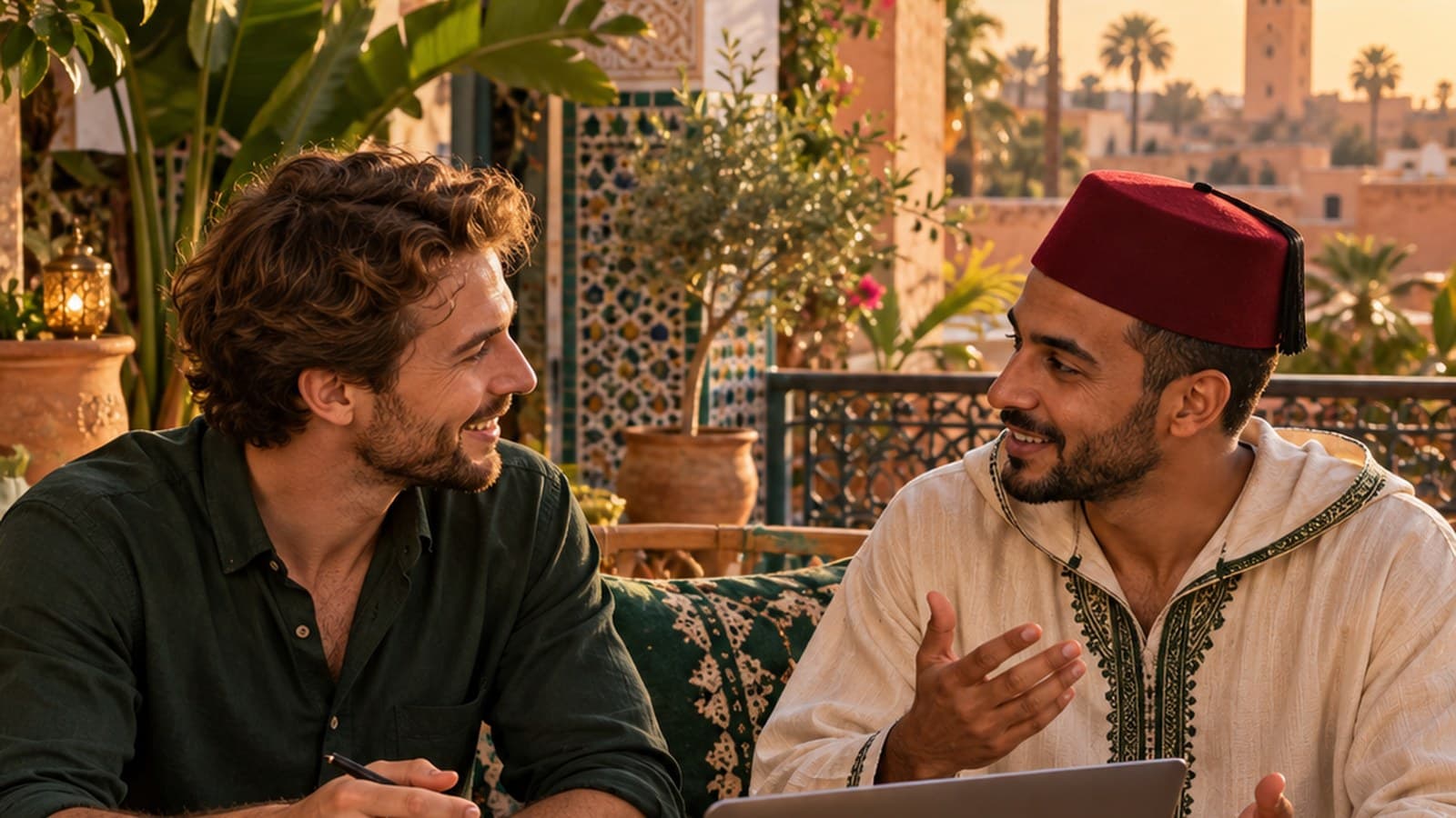 Two people in conversation over a laptop on a Marrakech rooftop at sunset