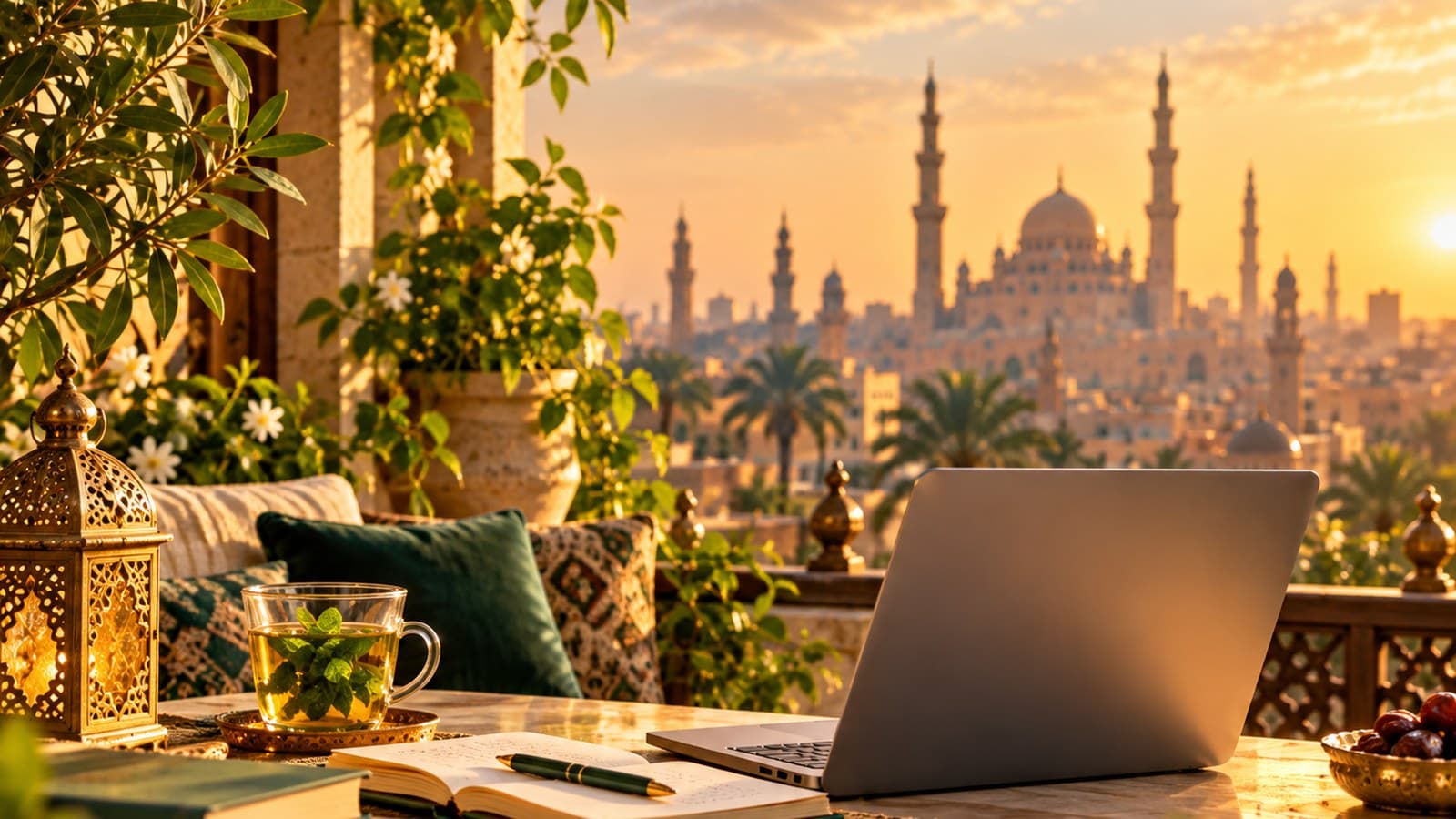 An open notebook, pen and tea on a quiet Cairo terrace at sunset, mosque skyline in the distance