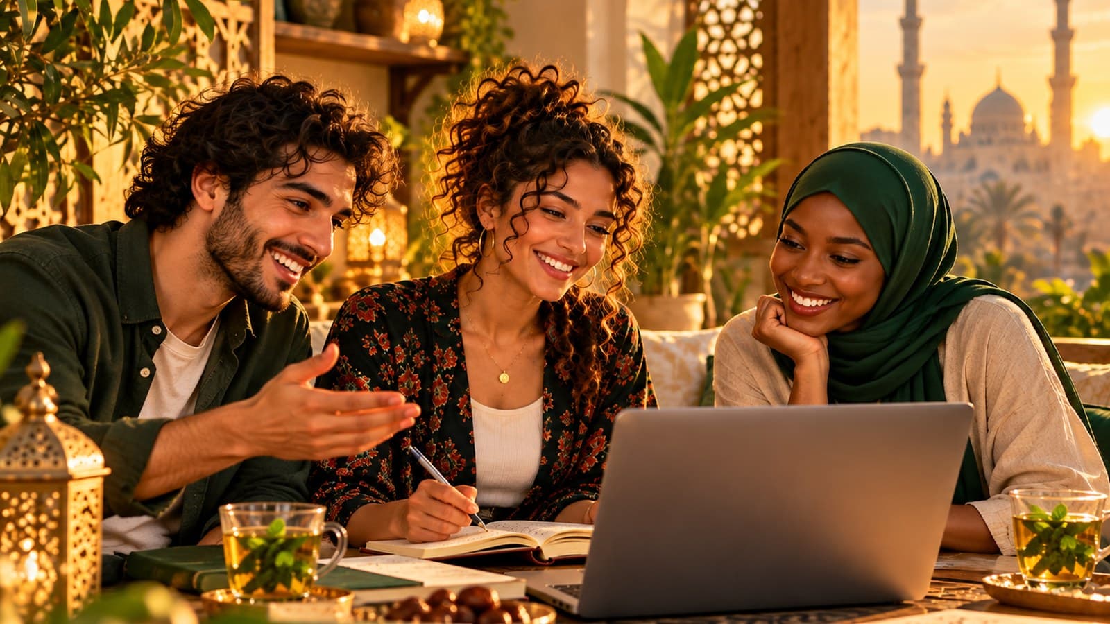 Friends laughing together closely on a Cairo terrace at sunset