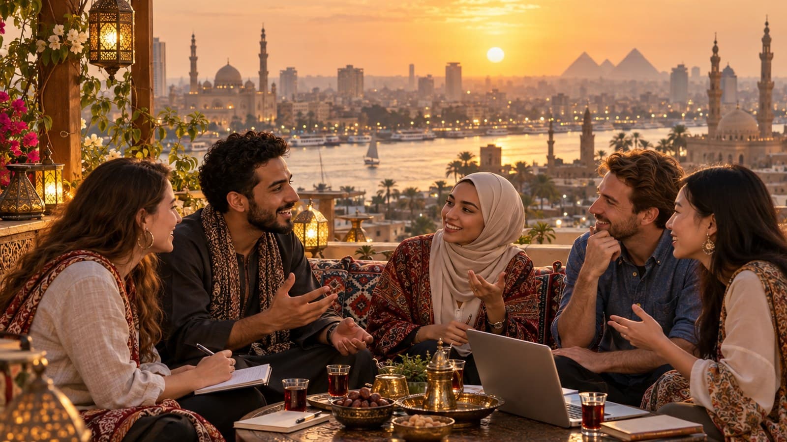 Friends on a Cairo rooftop at sunset with the Nile and pyramids on the skyline