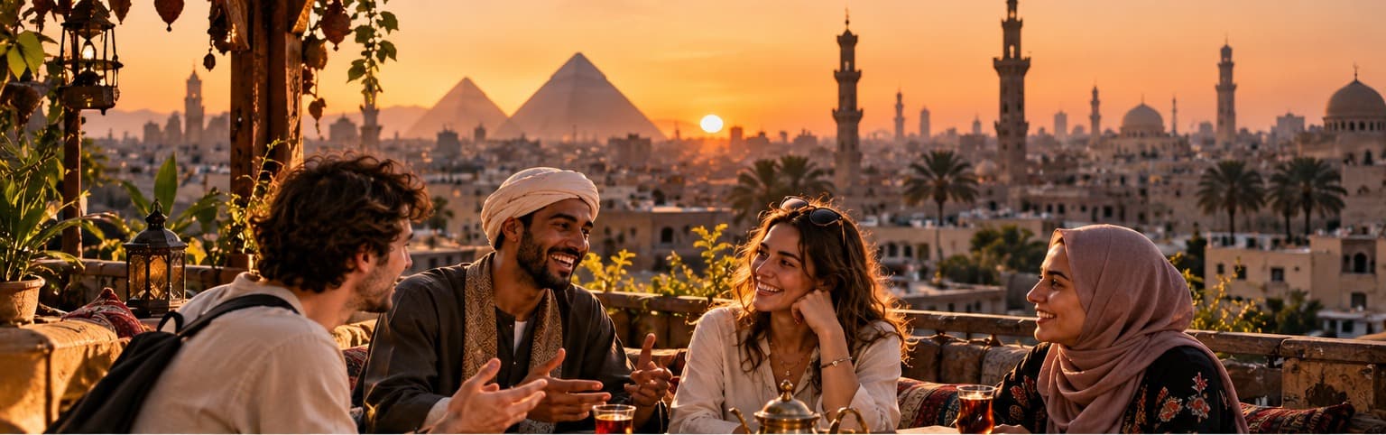 Friends talking over tea on a Cairo rooftop terrace at sunset, pyramids and minarets on the skyline
