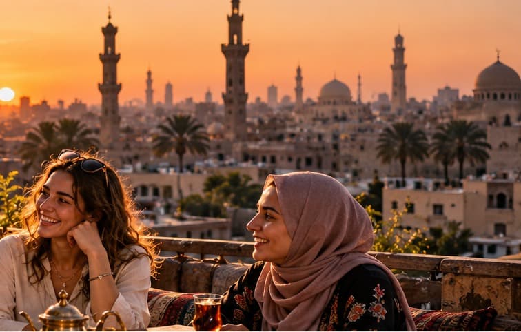Friends chatting on a Cairo rooftop at sunset, minarets and the pyramids on the skyline