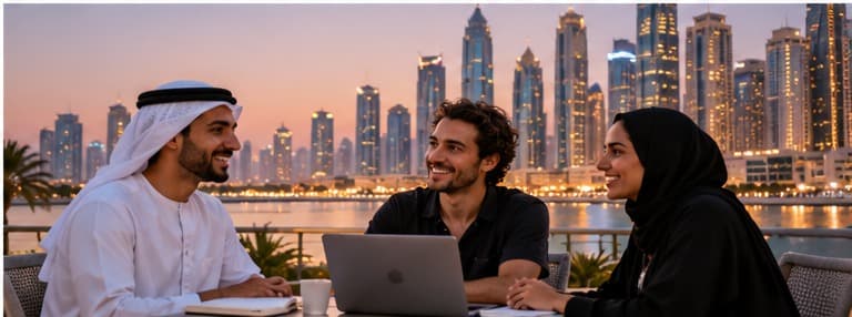 People talking on a terrace with a Gulf city skyline at dusk