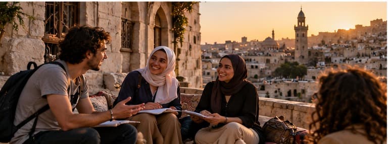 Two people talking on a stone terrace overlooking a Levantine old-city skyline at sunset