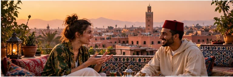 Two people talking on a riad terrace overlooking a Marrakech skyline at golden hour