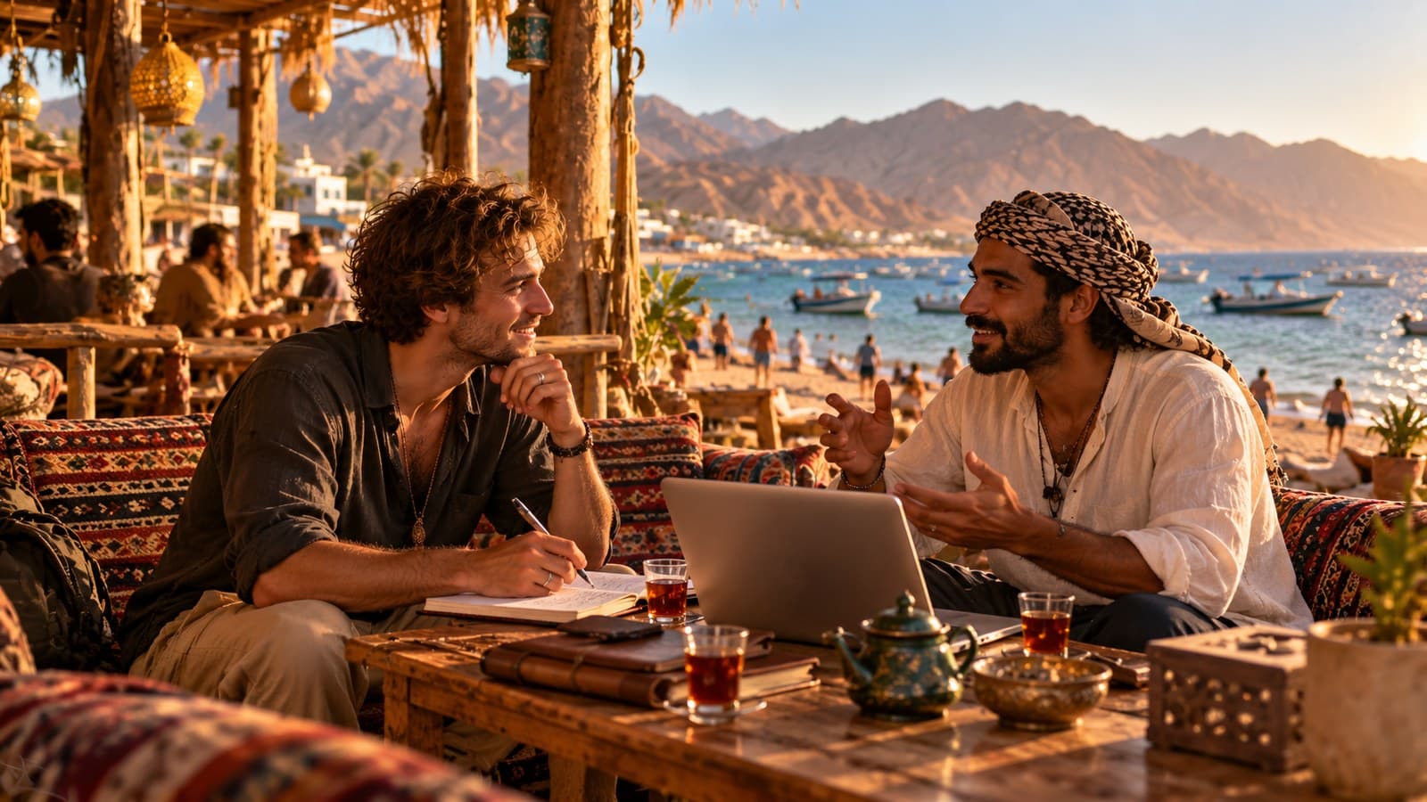 Two men talking over a laptop and tea on a Red Sea beach terrace at sunset